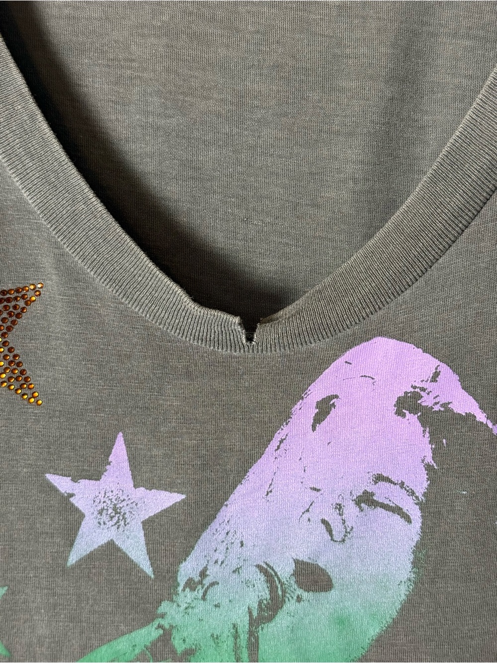 Lauren Moshi x Janis Joplin Graphic V-Neck Distressed Tee Vintage Gray Medium - Picture 5 of 8